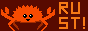 A 88 by 31 pixel button of Ferris, the Rust project's crab mascot, on a dark-red background. On the right, the text RUST! is written, with the RU on top of the ST!.